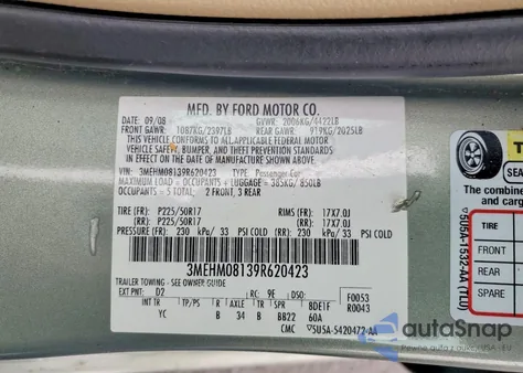 2009 Mercury Milan Premier z USA, uszkodzony, nr VIN 3MEHM08139R620423